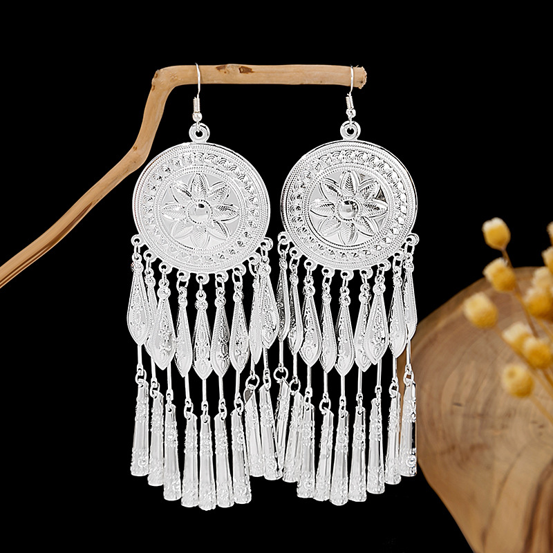 European and American Bohemian long tassel stud earrings, retro ethnic style Miao silver earrings, geometric round small fish earrings details Picture