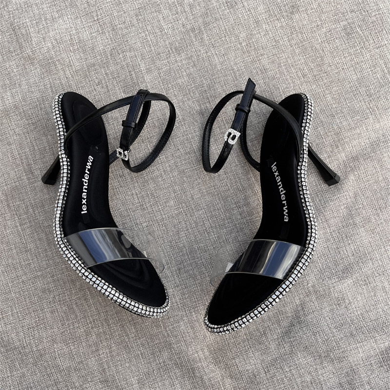 2023 Rhinester High Heels For Women 2023 Spring/Summer Transparent Ribbon Satin One-Line Buckle Letter Stiletto Sandals For Women