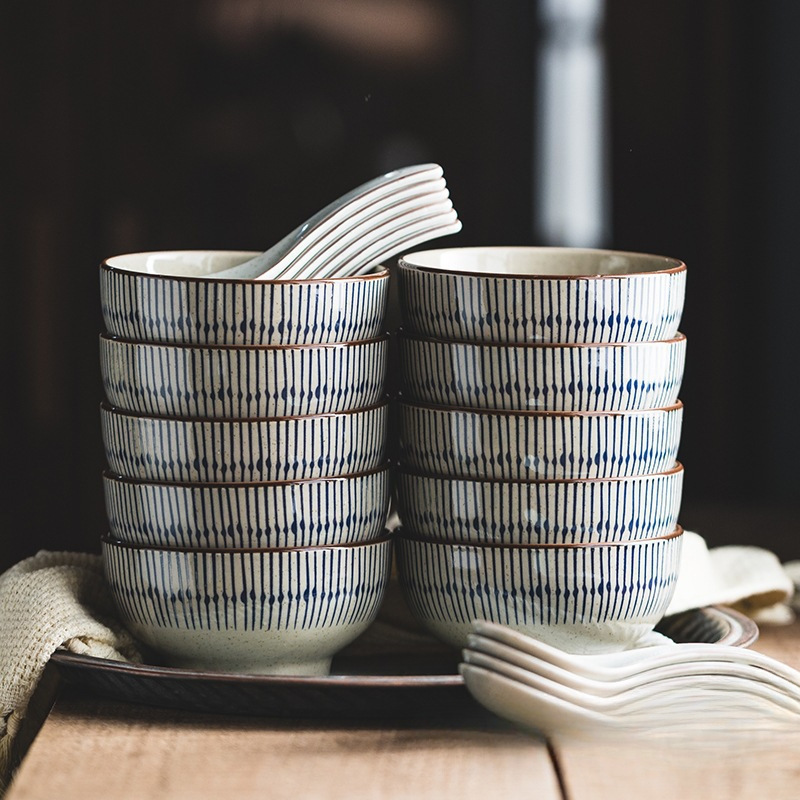 Bowl Home 2025 New High Appearance level retro Japanese tableware plate set, ceramic soup bowl, underglaze colored rice bowl details Picture