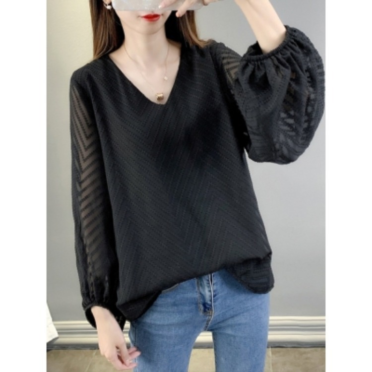 2023 New Women's Small Shirt V-Neck Long Sleeve Large Size Foreign Gas Shirt Female Xianqi Thin Belly Chiffon Blouse details Picture