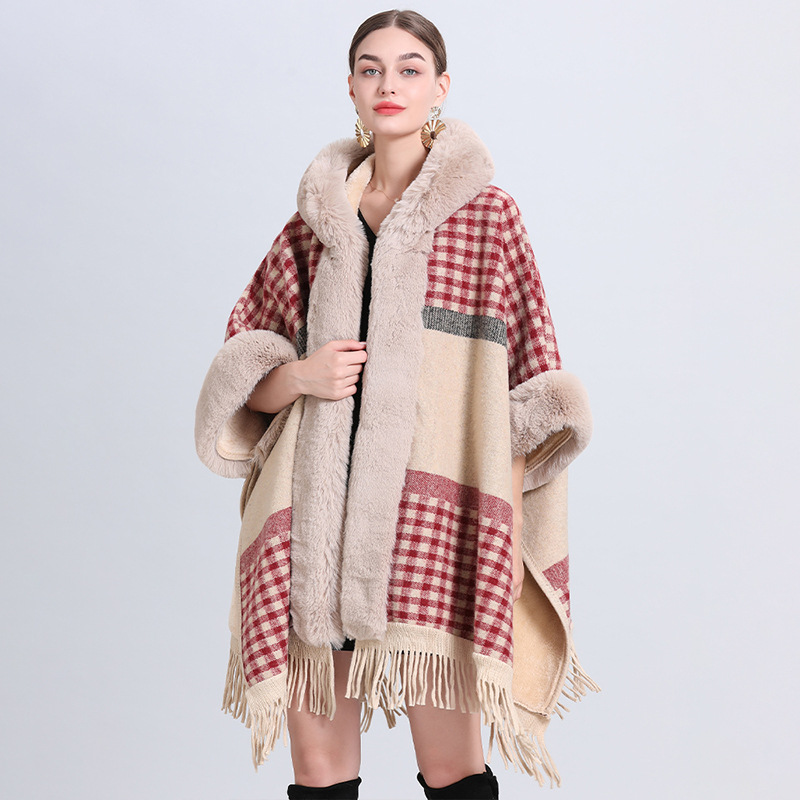869# Factory Direct Sales Loose Plaid Plaid With Thick Wool Collar Knitted Shawl Cape Women's Woolen Shawl Coat