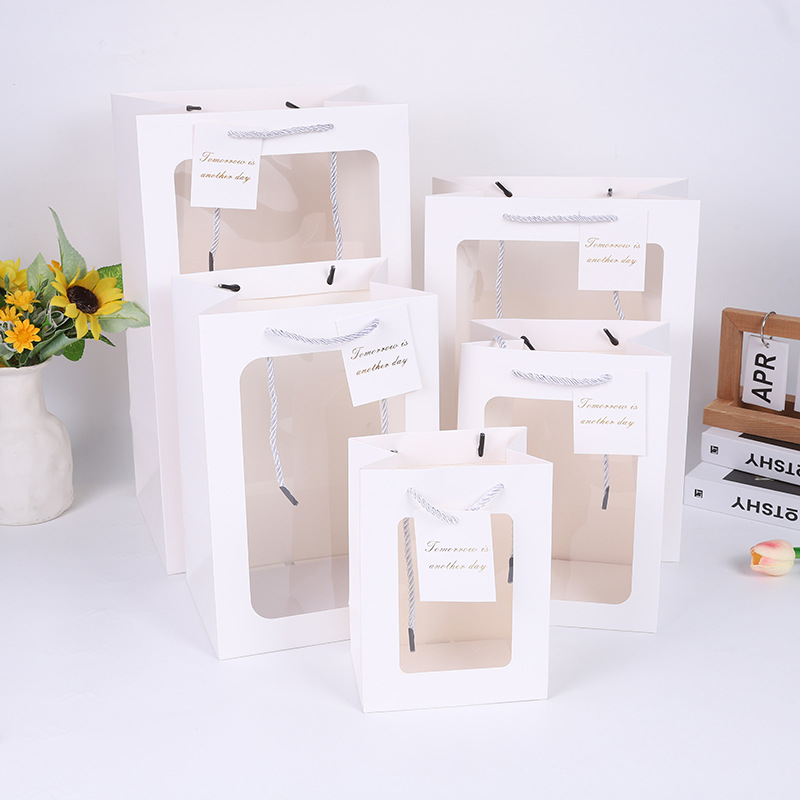 Windowed transparent gift bags, Mother's Day sale paper bags, flower gift bags, packaging souvenirs, window display handbags details Picture