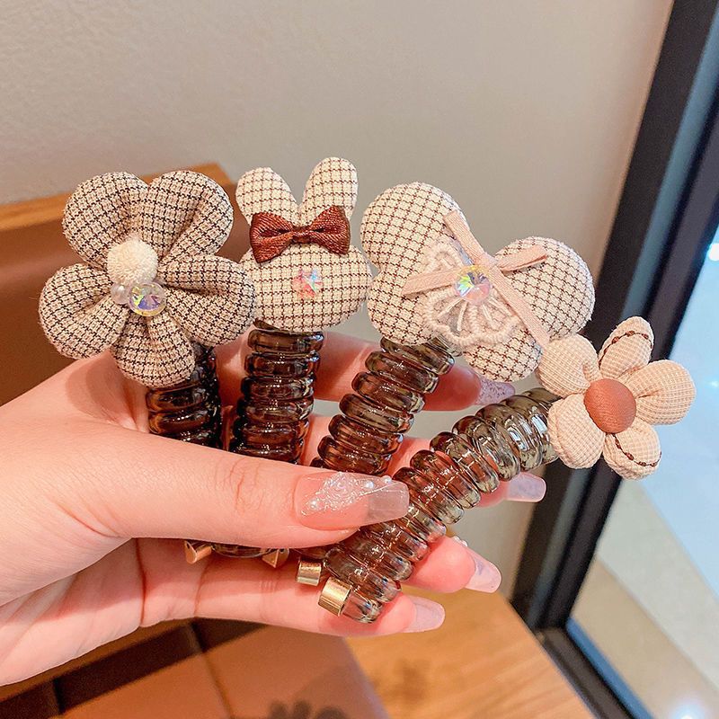 New children's coffee-colored telephone line hair band, hair bun, hair tie, girls' high-elasticity hair accessory, leather band and hair tie Specification image