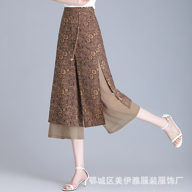 Summer thin culottes for women, petite loose Chinese-style pants with a sense of drape, ice silk jacquard white wide-leg pants details Picture