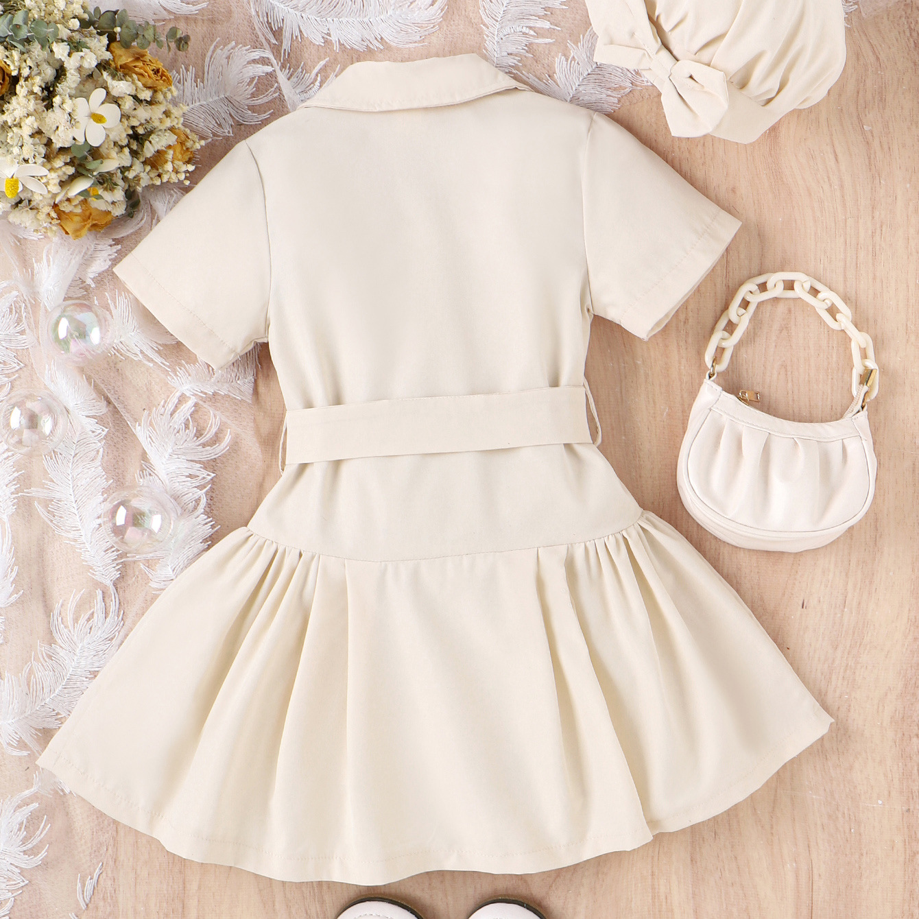2023 summer new European and American wind children solid color lapel cardigan double-breasted dress hat set details Picture