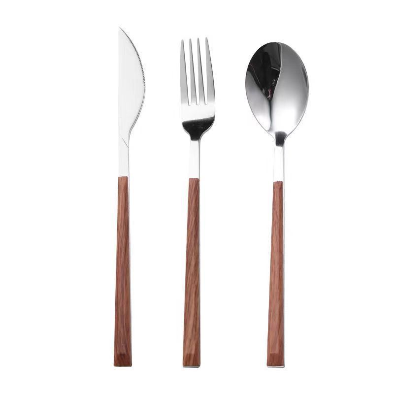 不锈钢刀叉勺餐具套装韩式复古仿木纹夹柄家用牛排刀叉甜品勺叉子详情图5