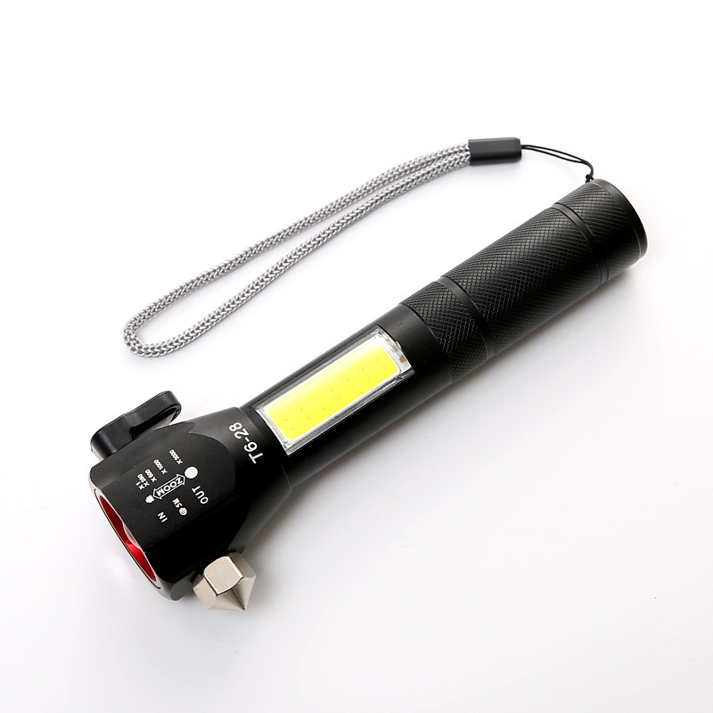 新款多功能USB充电T628手电筒户外带安全锤cob侧灯强光照明手电筒详情图1