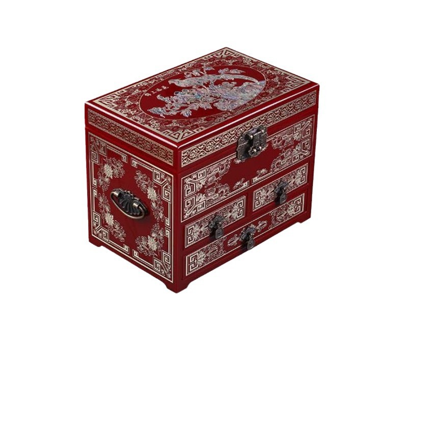 Shell And Mother-Of-Pearl Inlaid Drawer Jewelry Box, Copper Wire Filigree Chinese Lacquerware Jewelry Box, Dragon And Phoenix Auspicious Festive Gold Gift Box Item Picture
