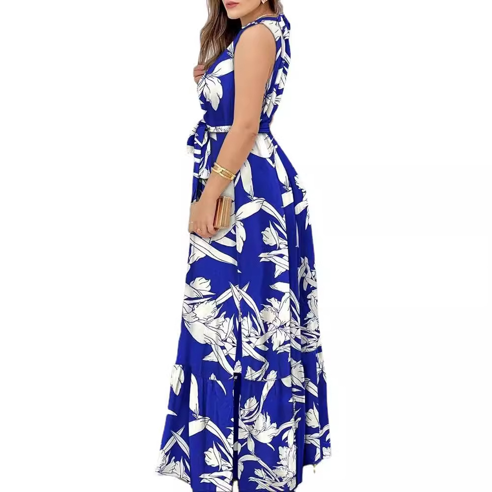 Cross-border 2025 Amazon eaby European and American Summer New halter-neck lace-up printed ruffled dress for women Item Picture