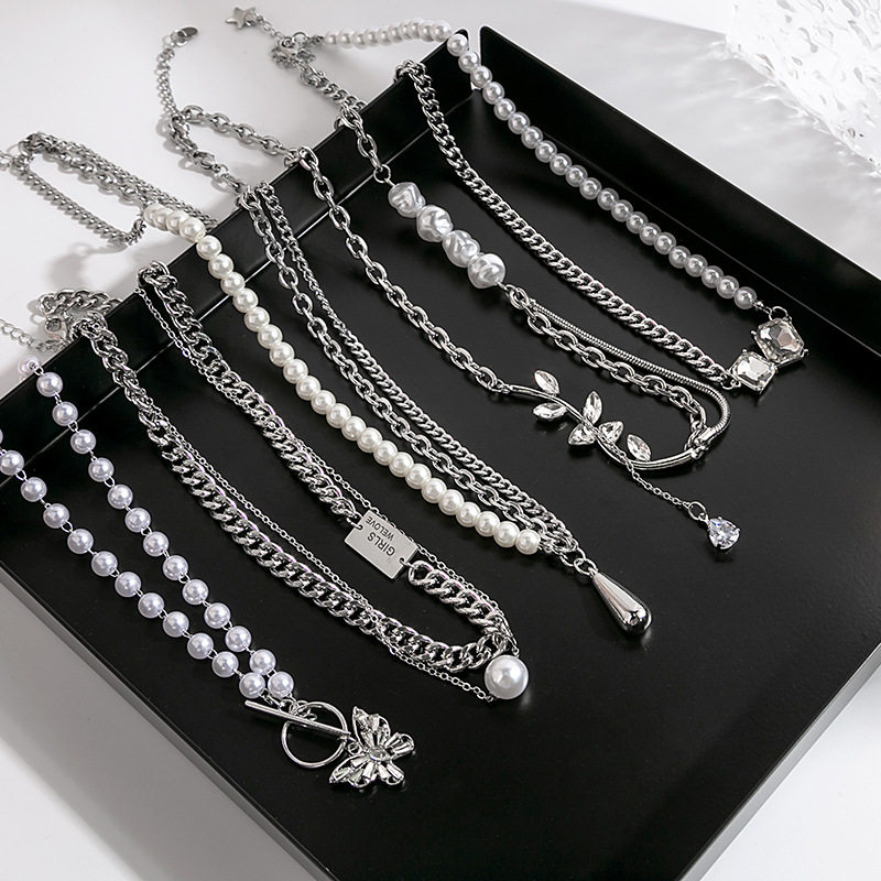 Summer T-shirt chain Geometric double butterfly Pearl drop zircon chain OT Creative locking hip Hop necklace for women