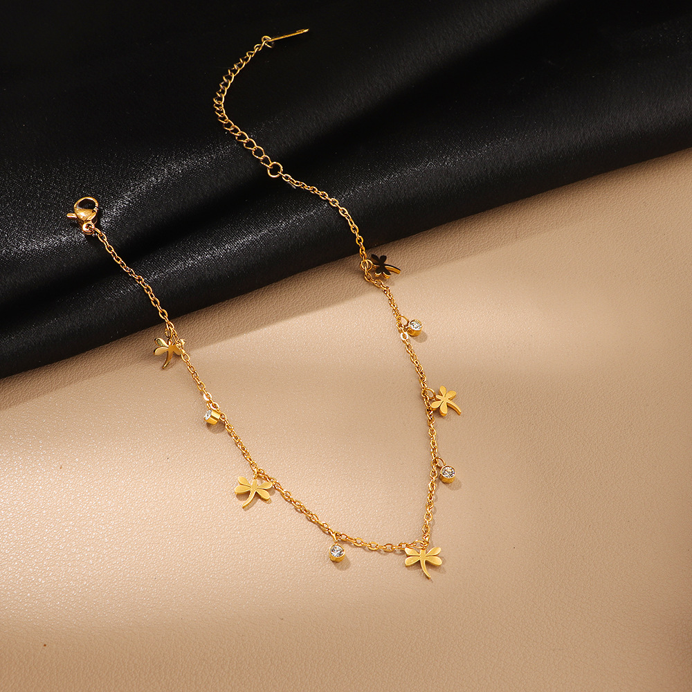 European and American Amazon dragonfly short tassel zircon pendant anklets, stainless steel ankle chains, fashionable and trendy women's accessories Specification image
