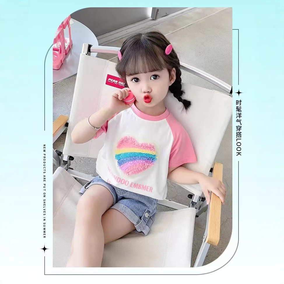 2025夏季女童短袖上衣T恤新款纯棉女宝宝短袖洋气高档童装代发