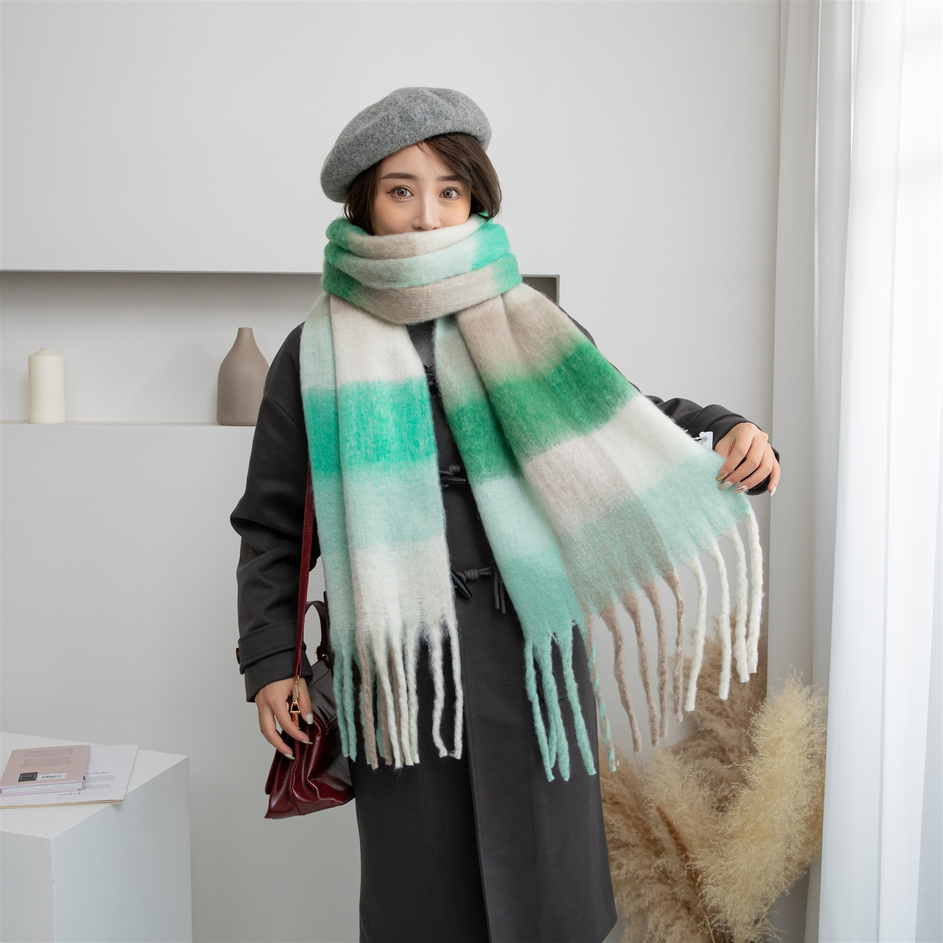 Ac Tassel Scarf Blue Pink Plaid Scarf Winter Girls Feel Pink Plaid Imitation Cashmere Bib Cold Cape Specification drawing