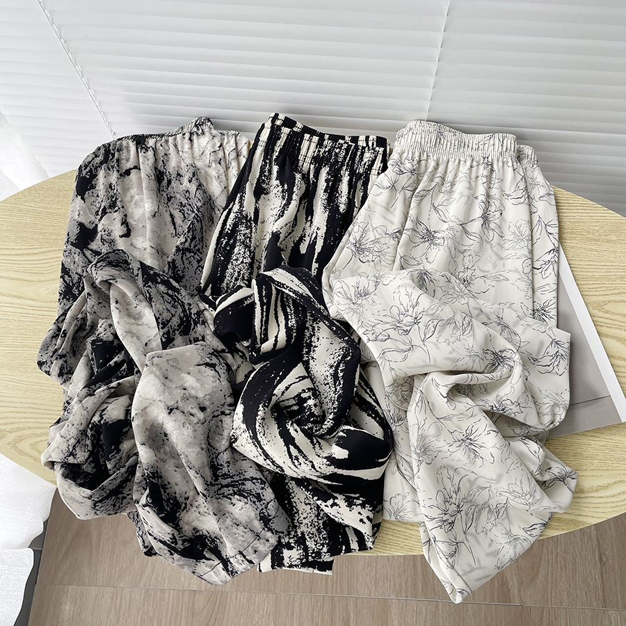 White Brown Wide Leg Pants Chiffon Printed Casual Pants Women's New Print Lazy Retro Loose Sag Wide Leg Pants
