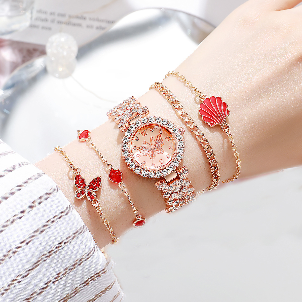 5pcs/set nicho ins wind strass mariposa cara de acero correa reloj mariposa pulsera set details Picture