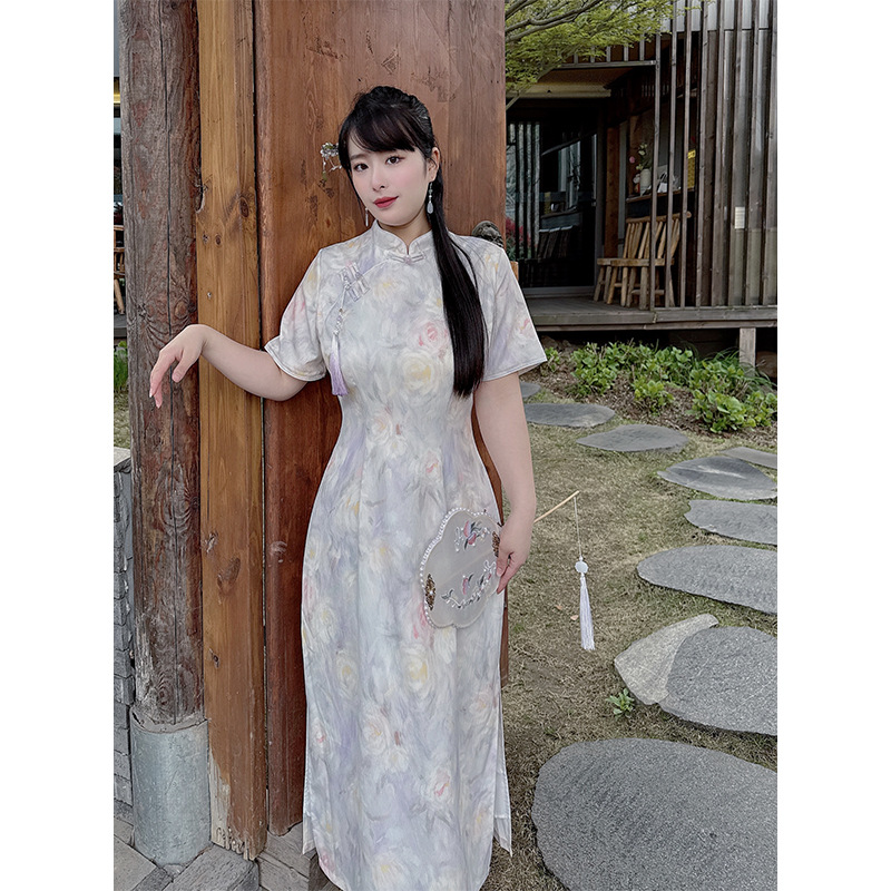 51176 Retro Artistic plus-size cheongsam 2025 Summer New plus-size dress Printed New Chinese-style long dress details Picture