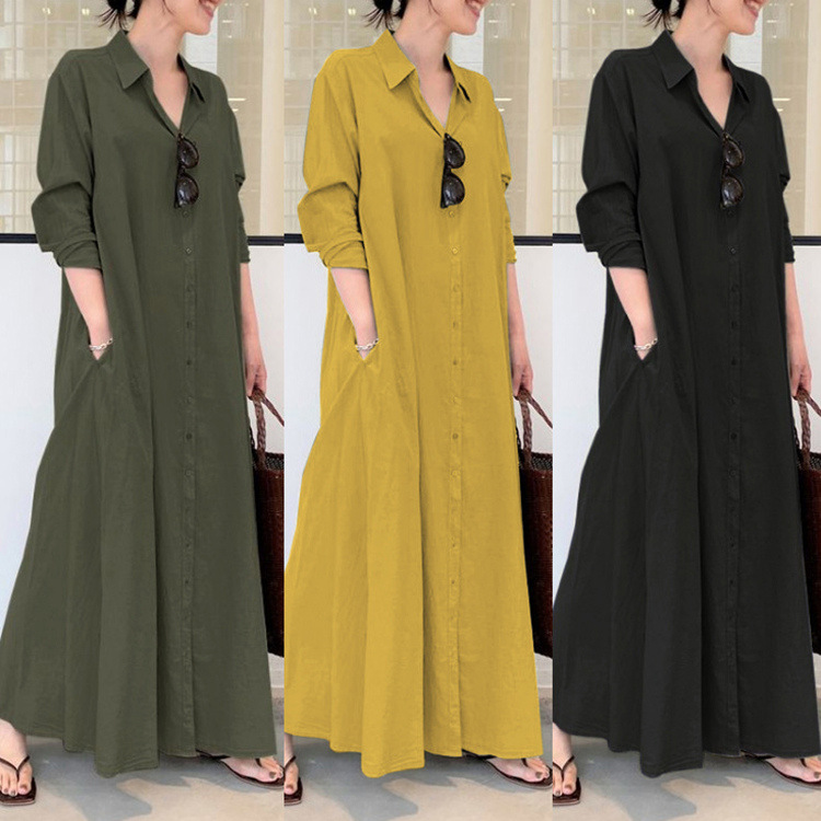 In stock 2021 European and American style cotton and linen solid color lapel long-sleeved shirt dress with pocket, simple and loose casual long shirt dress details Picture
