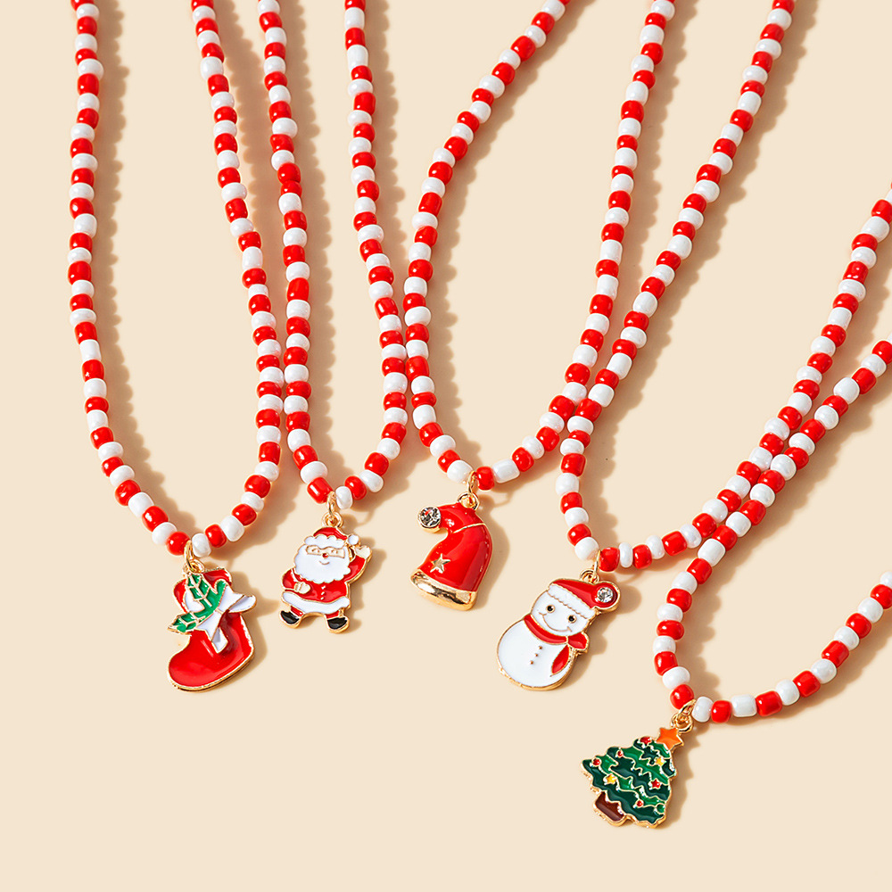 欧美跨境圣诞节滴油圣诞老人麋鹿吊坠 复古拼色珠子圣诞树项链女