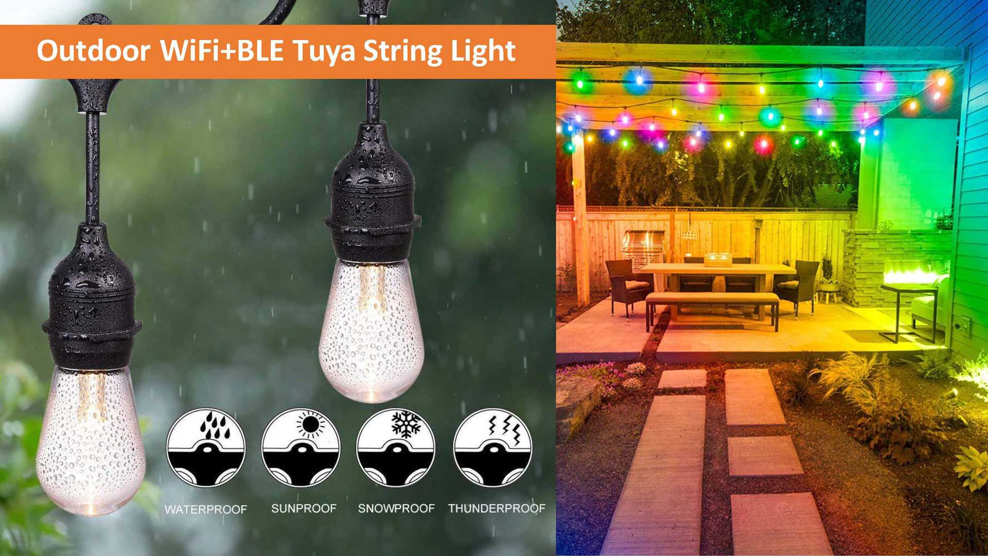Smart outdoor string light 24-foot -12 bulbs, Wifi +433 waterproof APP control, single light controllable details Picture