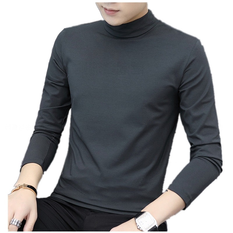 New men's long-sleeved semi-high-neck base layer T-shirt for autumn and winter, with added fleece and thickened, trendy Korean-style slimming mid-neck T-shirt Application Scenario