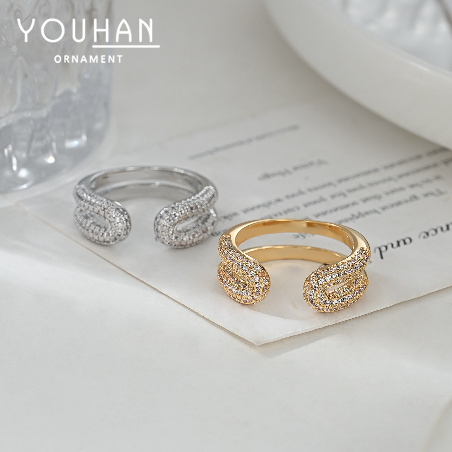 Wholesale of genuine gold electroplated zircon individual open ring with a unique design sense for women, geometric ring and simple index finger ring