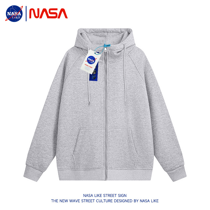 NASA联名330克一体摇粒绒纯色连帽加绒卫衣男2023开衫夹克外套男