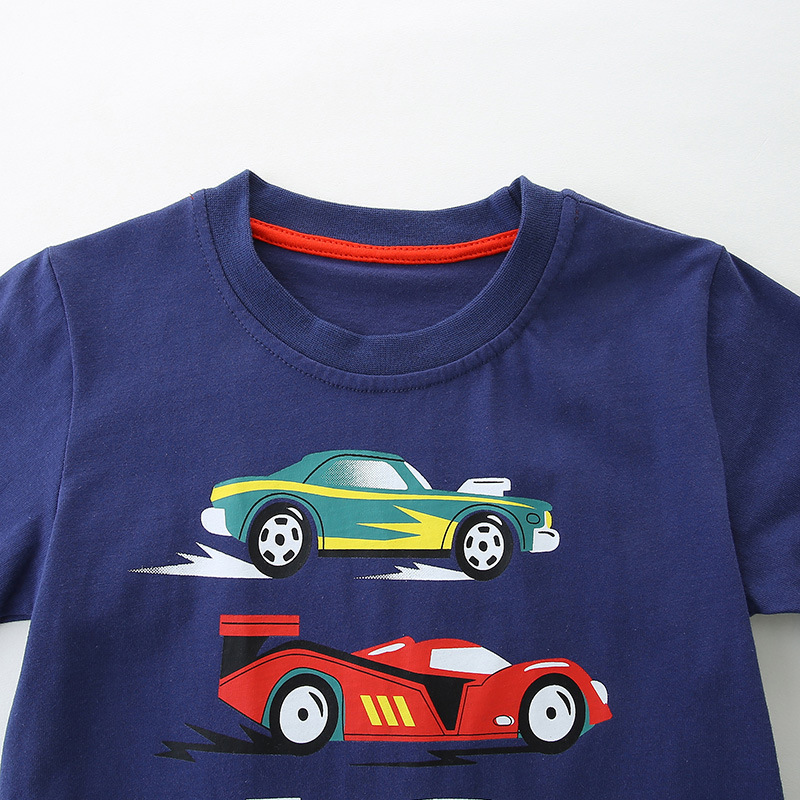 2024 Summer new Boys' T-shirt, European and American style cartoon car print sweatshirt, children's round-neck short-sleeved top Specification image
