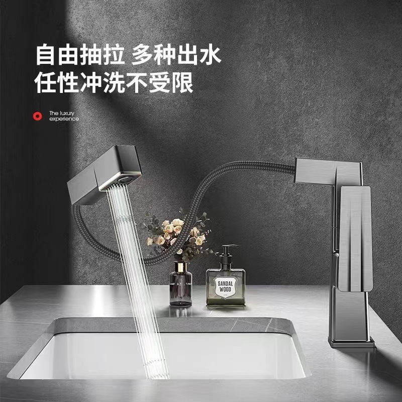 Digital display gun, grey pull-out hot and cold water faucet, rotatable and height-adjustable multi-functional water outlet mode, bathroom cabinet basin Specification image