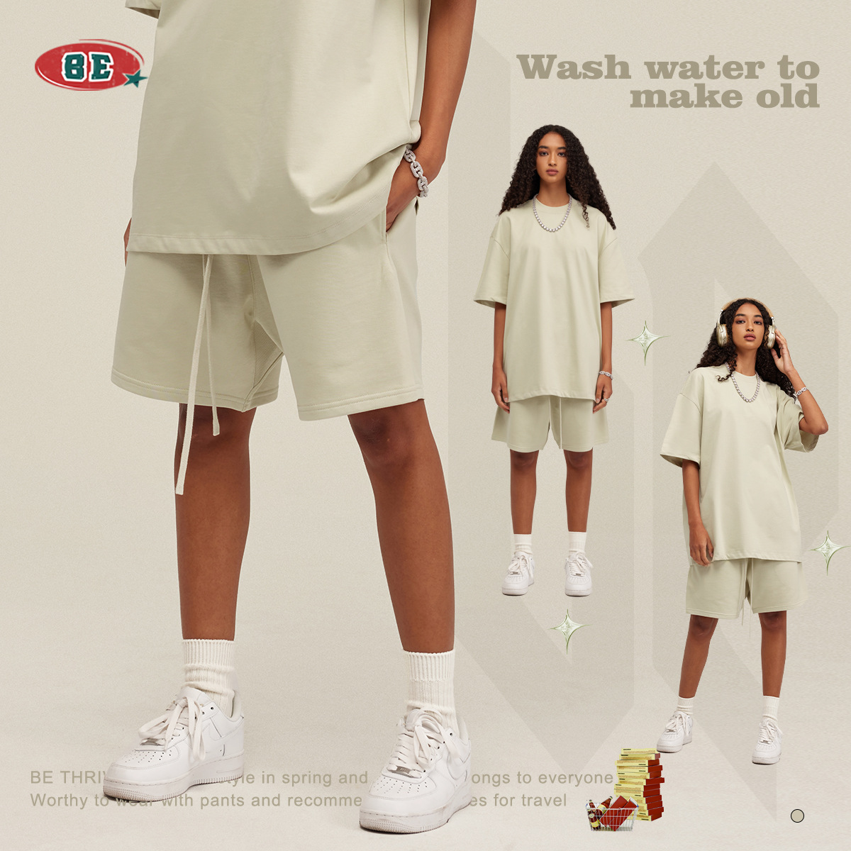 BE Men's 2024 Summer Heavyweight FOG streetwear brand shorts, men's loose and casual capri shorts, men's sport shorts details Picture