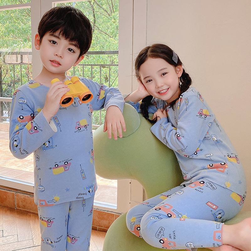 Children's thermal underwear set for autumn and winter: Boys' AB double-sided thin fleece base shirt, girls' cartoon round-neck long Johns and long pants