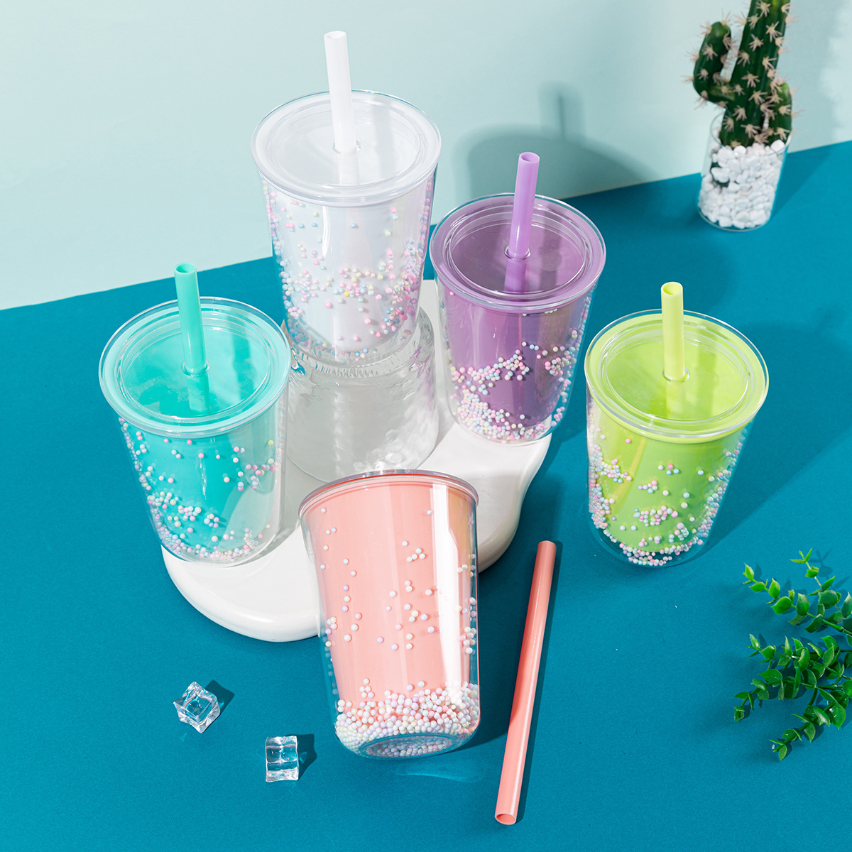 Foreign Trade New Milk Tea Cup Large Capacity Double Plastic Straw Cup Creative Net Red Men And Women Lovers Cup Wholesale details Picture