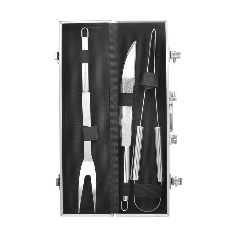 亚马逊不锈钢烧烤工具批发 铝箱小管柄烤具套装 户外组合BBQ用品