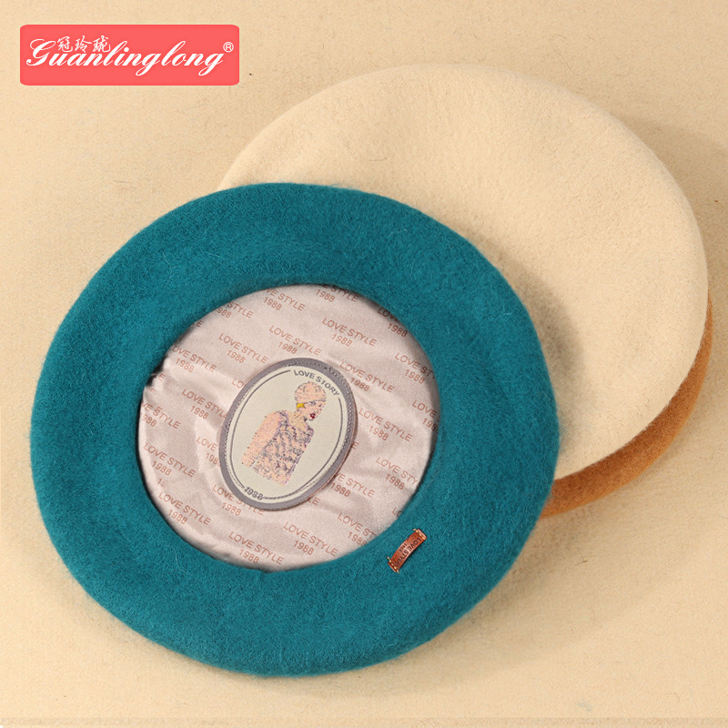 Rimi Ishihara's Same Style Of Flower Cap, Korean Leather Label, Versatile Woolen Beret, Autumn And Winter Retro Painter's Hat For Girls