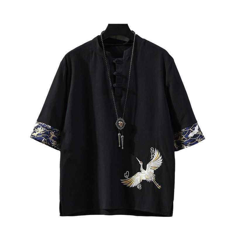 Chinese trend embroidered linen short-sleeved T-shirt for men, summer thin and loose trendy brand, large-sized Tang suit, Chinese style, cotton and linen button, Chinese trend