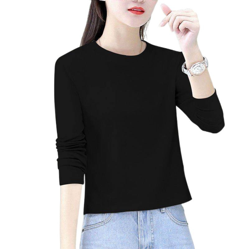 Coffee-colored pure cotton solid-color long-sleeved T-shirt for women, spring and autumn, large size, loose and stylish base layer, short and trendy top for short people Item Picture