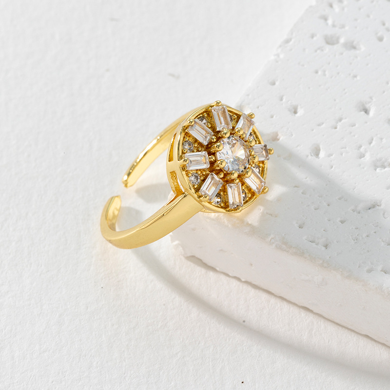 Cross-border fashion European and American micro-inlaid trapezoite zircon ring, women's fashion versatile cross-shaped round multi-color copper-plated ring details Picture