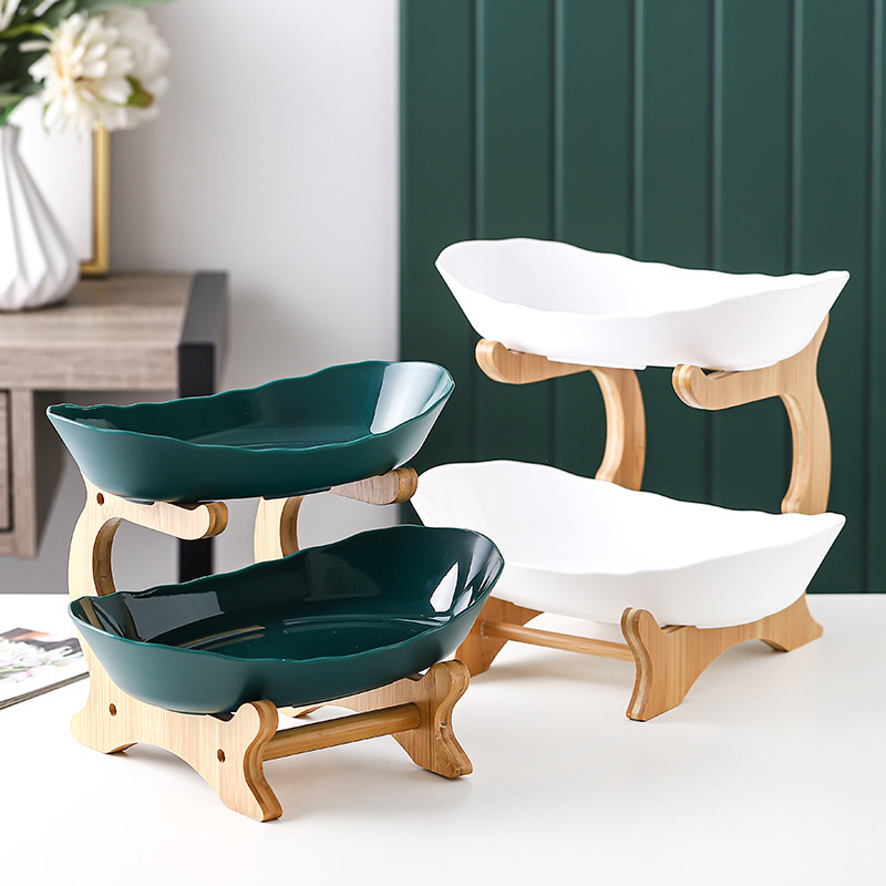 Creative three-layer and multi-layer fruit plate, European-style ceramic dried fruit plate, bamboo and wood rack, home snack plate, candy tray, fruit basket details Picture