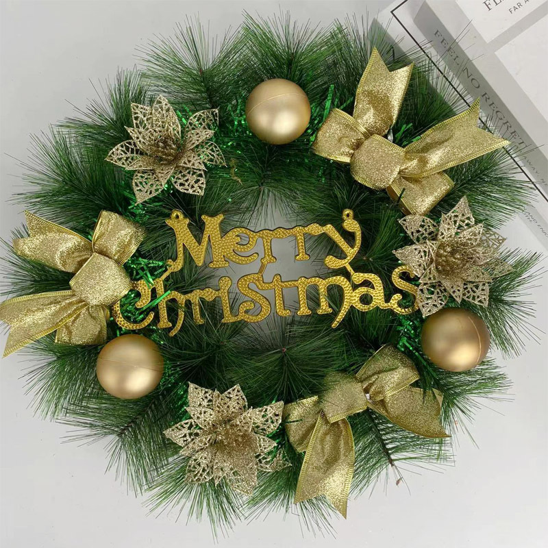 Cross-Border Christmas Decoration Pine Needle Wreath Handmade Christmas Bow Wreath Door Hanging Window Decoration Props Wholesale