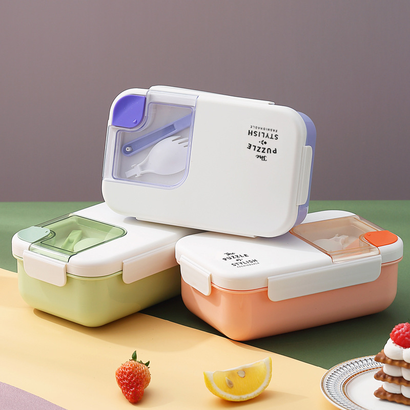 Caja de almuerzo rectangular de doble capa con cuatro botones de plástico microondas caja de almuerzo para estudiantes los trabajadores de oficina llevan utensilios caja de almuerzo details Picture
