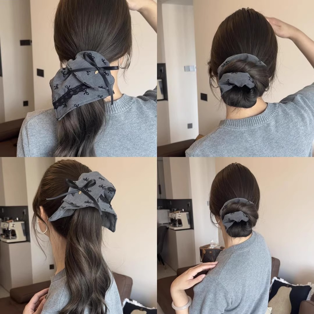 Grey, grey-toned bow, square large intestine hair band, women's hair tie, high-end look, ponytail, bun hair tie, hair accessory