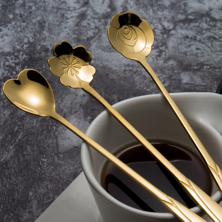 Stainless Steel Spoon Household Gold Cherry Blossom Spoon Dessert Spoon Creative Coffee Stirring Spoon Wedding Companion Gift Spoon details Picture