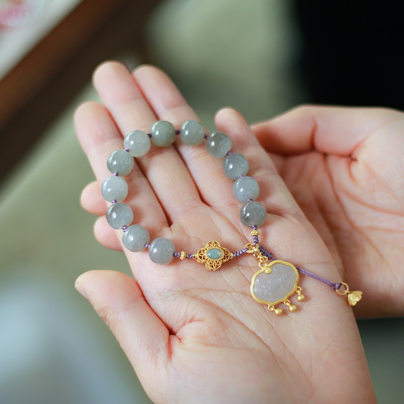 2022天然烟紫和田玉吊莲花锁手链 DIY莲蓬手工编织手串小饰品礼物