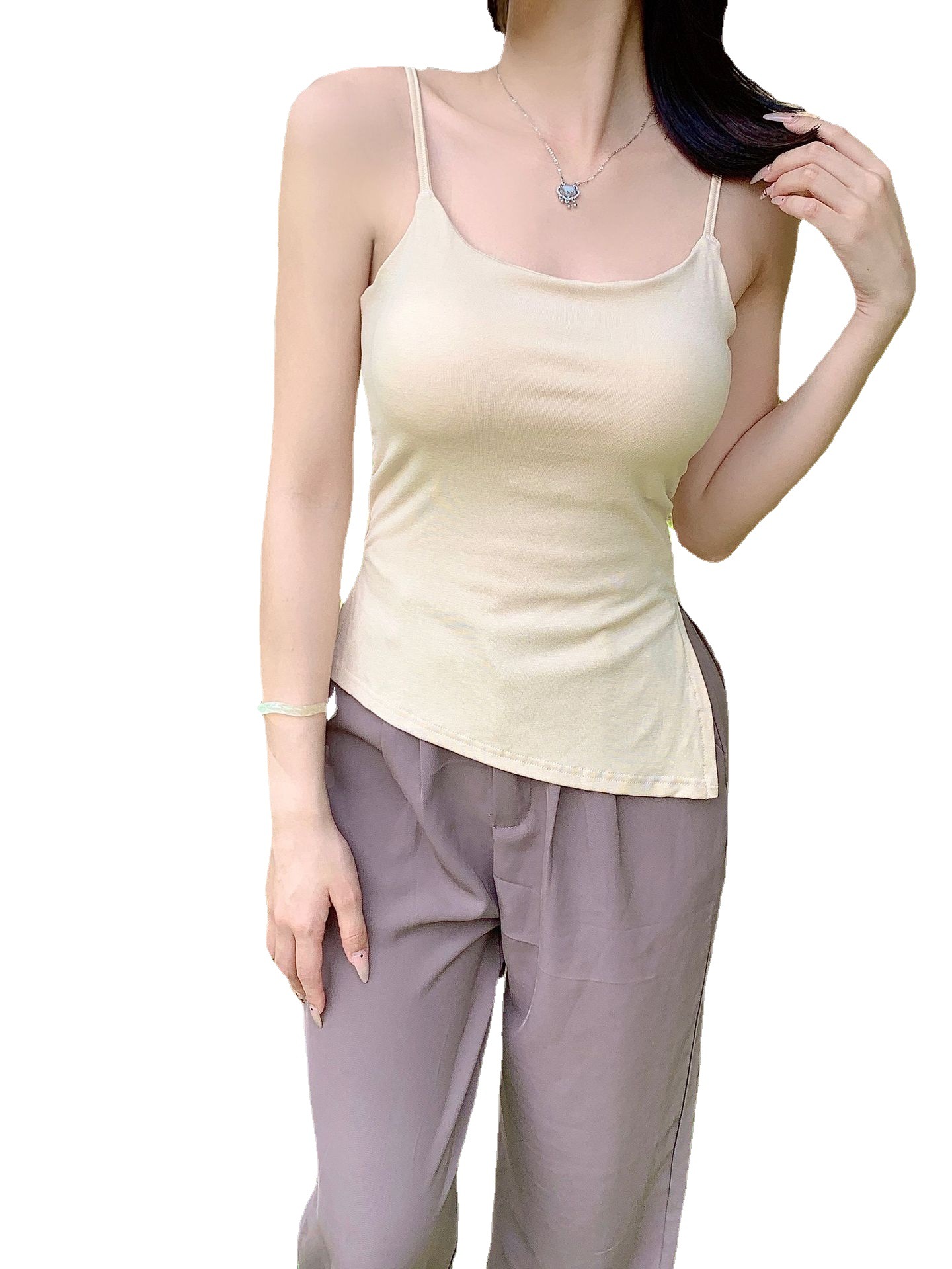 Japanese-style retro Hong Kong-style pure cotton one-piece irregular slanted slit halter top, comfortable solid color innerwear for women Item Picture