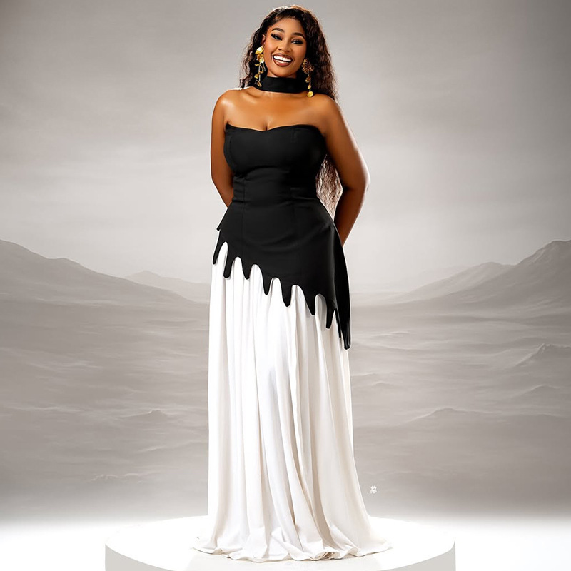 European and American style foreign trade color-blocking fashionable women's clothing black and white elegant waist-cinching patchwork dress, strapless slimming asymmetrical dress