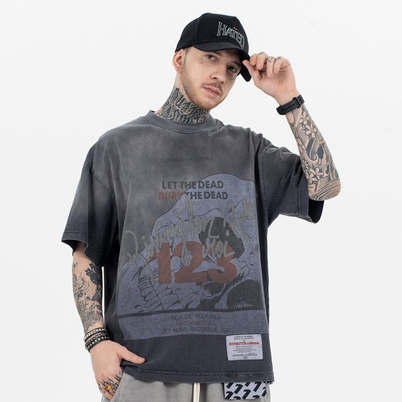 SUP男装|2024春夏新品潮牌美式高街rrr123重磅渐变撞色短袖T恤男