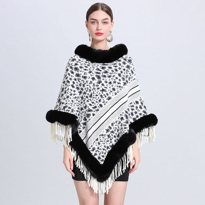 306# New Faux Rex Rabbit Fur Collar Cape Cape For Women Jacquard Fringe Knitted Pullover Plus Size Bat-Sleeve Cape Application Scenario