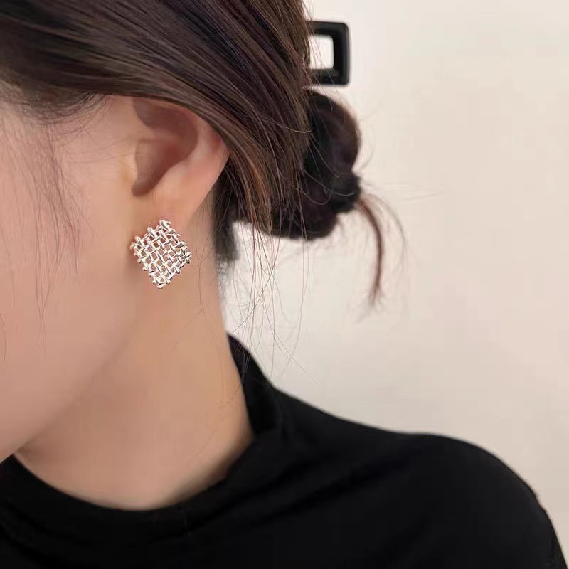 S925纯银法式简约编织耳钉女小众设计高级感方形重工耳环耳饰