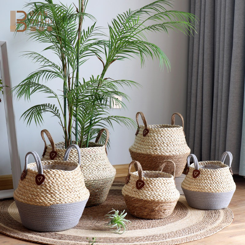 Creative Nordic Rattan Woven Grass Woven Flower Pot Folding Basket Home Green Plant Pot Floor Decoration Storage Basket details Picture