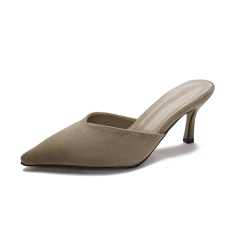 2023 French High-Grade Soft Fine Heel Pointed Half Slippers Female Shallow Mouth High Heel Baotou Sandals Muller Shoes Item Picture