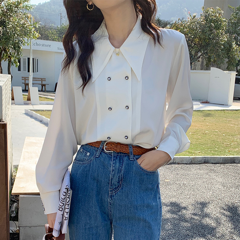 2022 New lapel chiffon stylish cardigan shirt, double-breasted long-sleeved summer solid-color women's shirt in stock details Picture